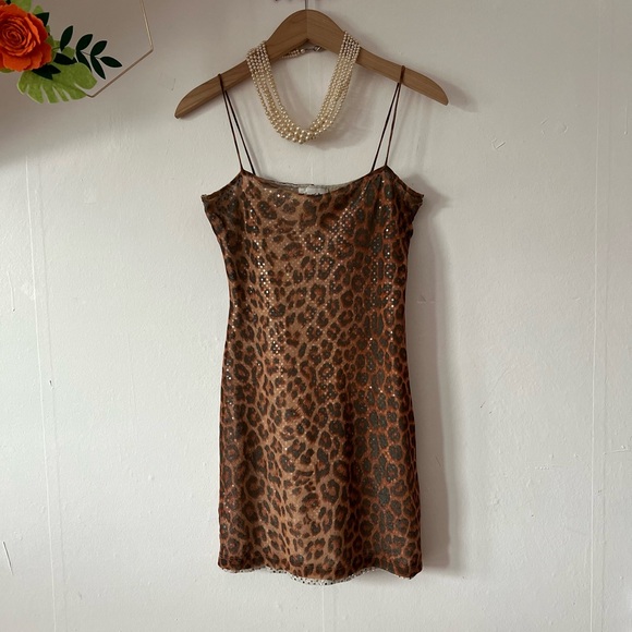 Rhapsody Dresses & Skirts - EUC VTG 80s leopard sequin slip dress S dbl layer spaghetti straps sheer silver